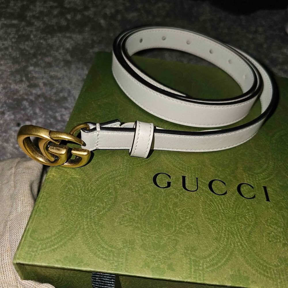 Gucci Creamy White Leather Belt with Gold Double G Buckle - Size 42
